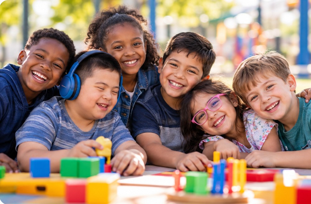 Diverse children enjoying inclusive group play and learning activities
